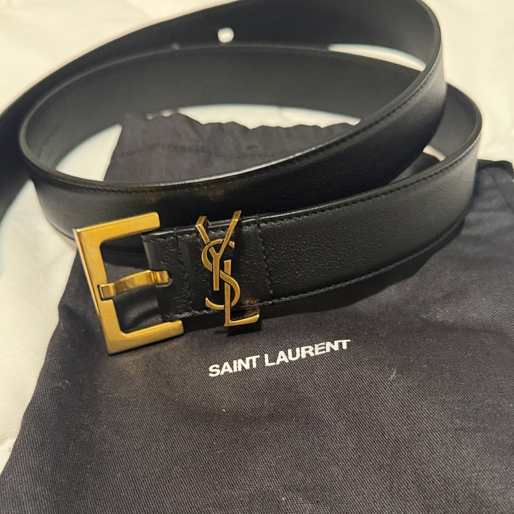 Women YSL belt size 80 Saint Laurent Black Belt with Gold Buckle